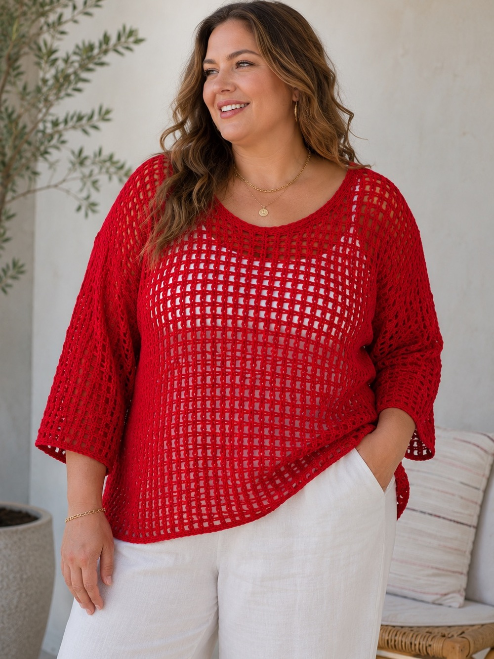 Chico’s Red Crochet Open Knit Sweater Tunic Cover Up Size 4 XL Coastal Grandma